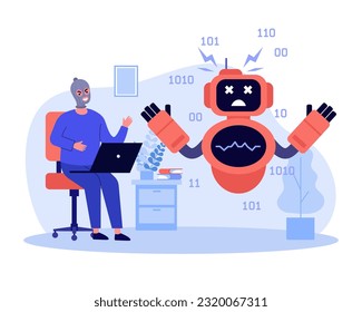 Hacker breaking chatbot vector illustration. Evil man in mask hacking AI robot, using computer to find flaws in system. Artificial intelligence hacking, chatbot disadvantages concept