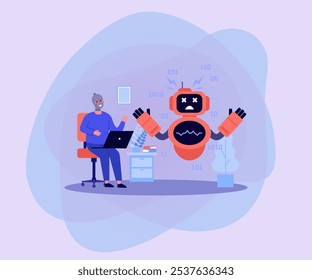 Hacker breaking chatbot vector illustration. Evil man in mask hacking AI robot, using computer to find flaws in system. Artificial intelligence hacking, chatbot disadvantages concept