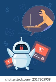 Hacker breaking into system of robot vector illustration. Cartoon drawing of criminal hacking into machine or AI, disadvantage of artificial intelligence. Technology, hacking, privacy concept