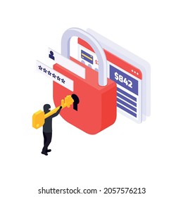 Hacker breaking lock to get access to personal information on computer isometric vector illustration