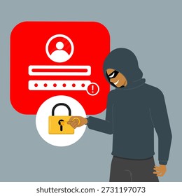 Hacker rompiendo la seguridad de la Cuenta personal al desbloquear un sistema de Inicio de sesión. Concepto de ciberataque, violación de datos y robo de identidad en línea en riesgos de autenticación digital y protección de Contraseña.