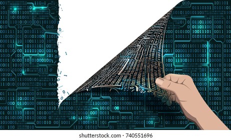 Hacker breaks an abstract computer system, a network screen antivirus tears a binary array matrix cyberspace, well organized layers