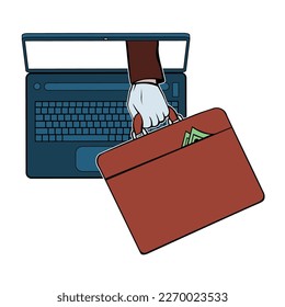 A hacker breaks into a computer. Cyber thief steals a case with money. Hand from laptop screen. Cartoon vector art illustration isolated on white background

