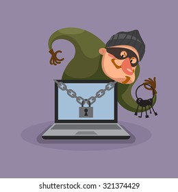 Hacker breaks into computer. Data theft. Vector illustration.