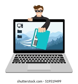 Hacker breaks into computer and data theft. Cyber attacker trying to hack computer. Vector concept abstract illustration. Isolated on white background.