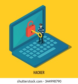 Hacker breaks into computer. Isometric 3d vector illustrations