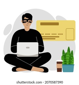 Hacker bricht in Kreditkartendetails ein. Stehlt Geld von der Karte. Der Hacker arbeitet auf einem Laptop. Unsichere Website, Anwendung. Datenschutz. Vektorgrafik