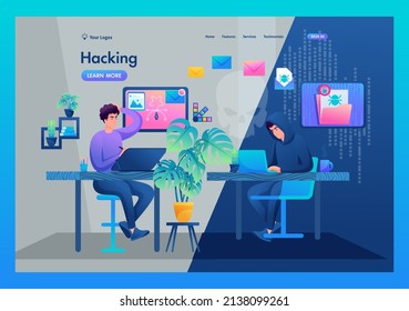 Hacker breaks into the designer's computer, using a virus in an email. Hacker attack, hacking of the system. Concept for landing page