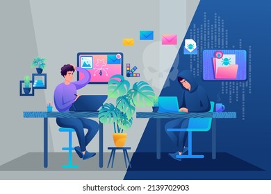 Hacker breaks into the designer's computer, using a virus in an email. Hacker attack, hacking of the system. Concept of web design