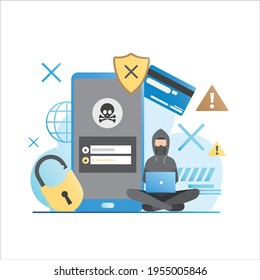 Hacker entra en una página personal en el sitio web en Internet, introduce contraseña, inicio de sesión. Roba dinero de la tarjeta en línea desde el smartphone. Hacker está trabajando en laptop. Sitio inseguro, aplicación. Protección de datos.