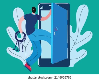 Hacker bricht ins Telefon. Isometrische 3D-Vektorgrafiken