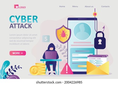 Hacker breaks into user accounts and injects malware. Cybercriminal steals personal data, money. Hacked profile on phone screen. Cyber attack, phishing. Website template. Flat vector illustration