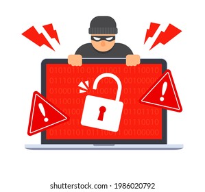 Hacker breaks the security system on computer laptop. Emergency alert. Data hacking warning. Malware or ransomware attack. Creative concept of antivirus. Trendy cartoon vector flat illustration. 