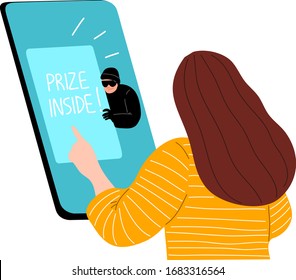 Hacker by phishing spam false winning information attracts the attention of a girl. Vector illustration