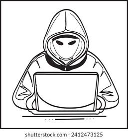 Hacker cartoon illustration, Cyber criminal sketch drawing, Hacker in black hood sketch, Computer hacker icon clipart