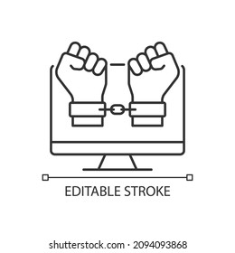 Hacker catching linear icon. Detect, pursue and catch cybercriminal. Thin line customizable illustration. Contour symbol. Vector isolated outline drawing. Editable stroke. Arial font used