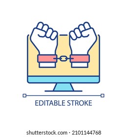 Hacker catching RGB color icon. Detect, pursue and catch cybercriminal. Arrested for internet fraud and scam. Isolated vector illustration. Simple filled line drawing. Editable stroke. Arial font used