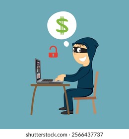 Hacker character in hoodie with laptop computer. Flat, Vector, Illustration, Cartoon, EPS10. 