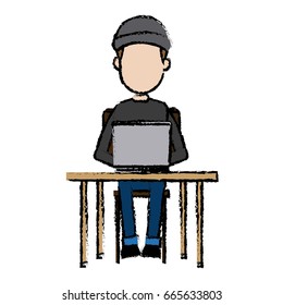 hacker character sitting work laptop technology