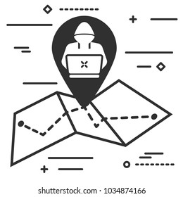 hacker or coder on map geo tag icon in trendy flat style isolated on white background. 