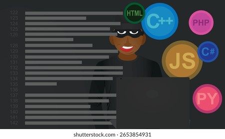 Hacker codificando cena. ilustração vetorial	