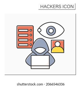 Hacker color icon. Hooded person eavesdropping user server login information. Concept of cyberattack technology and private information security. Isolated vector illustration