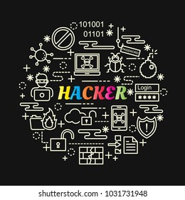 hacker colorful gradient with line icons set, vector editable stroke