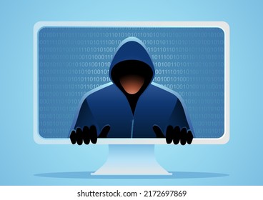 Hacker comes out of a computer screen, vector illustration