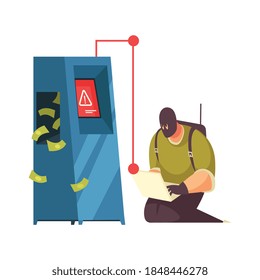 Hacker composition with atm machine being hacked by cyber robber with laptop and flying banknotes vector illustration