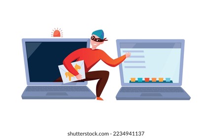 Hacker composition with cartoon character of hacker stealing information breaking computer system vector illustration
