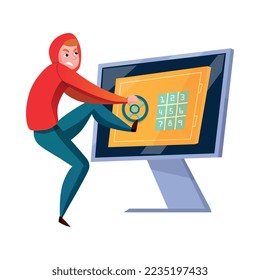 Composición de hackers con caricatura de hacker robando información rompiendo la ilustración vectorial del sistema informático