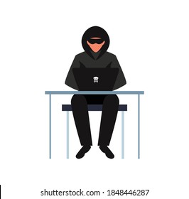 Hacker composition with character of cyber spy sitting at desk table with his black laptop vector illustration