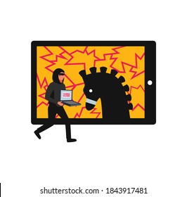 Hacker composition with character of cyber thief holding portable computer and silhouette of trojan horse head vector illustration