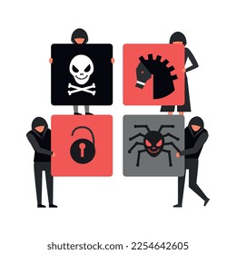 Hacker composition with conceptual icons of illegal cyber activity breaking account malware data stealing vector illustration