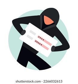 Composición de hackers con íconos conceptuales de ciberactividad ilegal romper cuenta malware datos robo ilustración vectorial