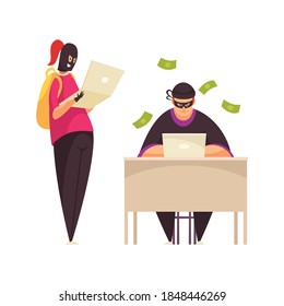 Hacker composition with couple of cyber criminal characters with laptops and money in cash vector illustration
