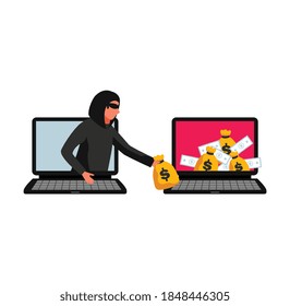 Hacker composition with human character and images of two computers with dollar signed sacks and banknotes vector illustration