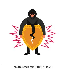 Hacker composition with human character of robber in spy glasses breaking golden shield of security vector illustration