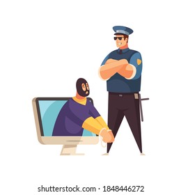 Hacker composition with human characters of police officer and arrested cyber criminal leaning out of computer display vector illustration