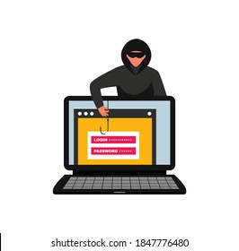 Hacker composition with image of computer with hacker fishing out login and password personal credentials vector illustration