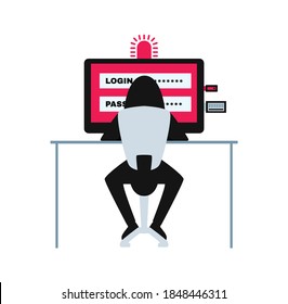 Hacker composition with rear view of cyber robber sitting at computer table with toolkit for hacking vector illustration
