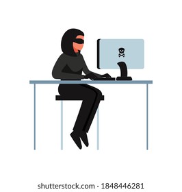 Hacker composition with view of desktop computer with skull and crossbones sign and woman sitting at table vector illustration