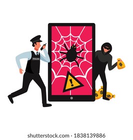 Hacker-Komposition mit Blick auf den Bildschirm von Spinnen Netz mit Räuber und Polizisten Vektorgrafik