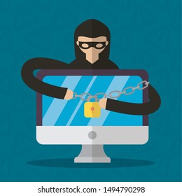 hacker computer chain padlock technology internet security vector illustration