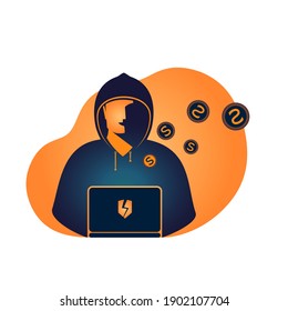 Un hacker, un estafador de computadoras, roba dinero en línea. El concepto de cibercrimen y ciberseguridad. Ilustración vectorial de color aislada