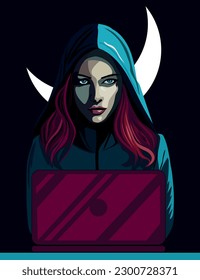 Hacker with computer. Hooded girl with laptop under the moonlight. Hacking connection. Steal information and spread it online