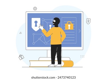 Hacker with computer. Man in black mask near pc monitor. Criminal on Internet, online danger. Fraudster steals passwords and personal data. Linear flat vector illustration isolated on white background