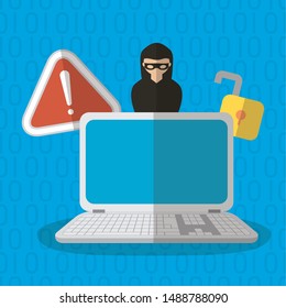 hacker computer open padlock warning technology internet security vector illustration