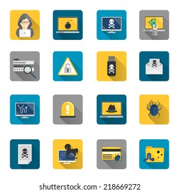 Hacker and computer safety and protection technology flat button icons set isolated vector illustration