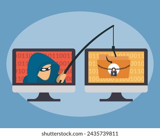 Hacker in computer screen with fishing hook stealing user private confidential data file folders online cyber crime vector illustration